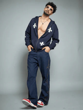 Navy Applique Zipped Hoodie by THE VELN STORE
