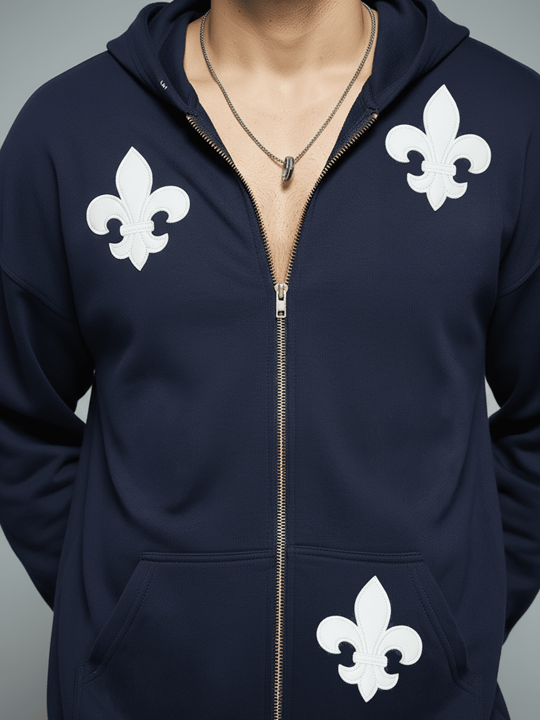 Navy Applique Zipped Hoodie by THE VELN STORE