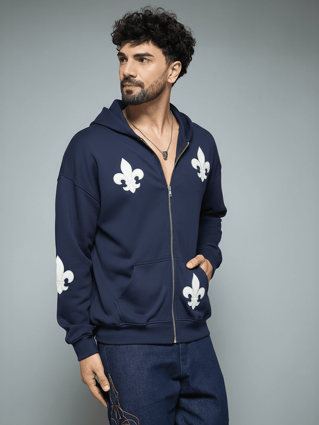 Navy Applique Zipped Hoodie by THE VELN STORE